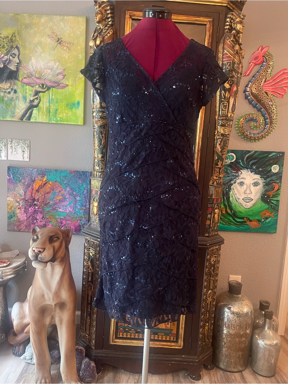 Scarlett Navy Lace Sequin Midi Dress